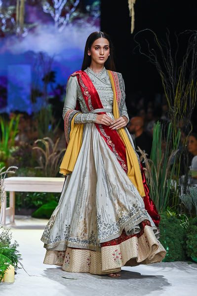 Grey Tussar Printed Angrakha  Set (  Mh-03/ang, Mh-03/skt, Mh-03/blt)