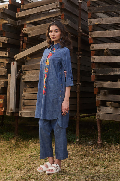 BLUE DENIM FLORAL HAND PAINTED SHIRT STYLE TUNIC WITH BLUE DENIM PANTS (CM-05/TNC, CM-05A/BTM)