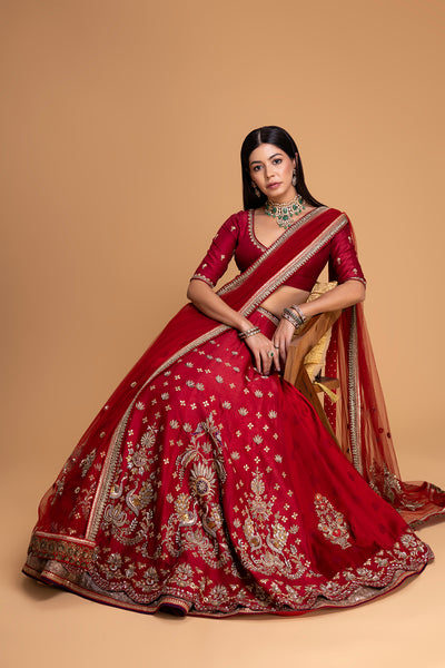 RED MUSHROO EMB LEHENGA SET (3 PCS)