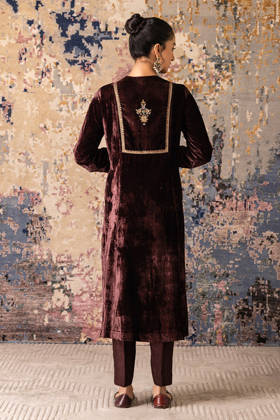 Brown Velvet Embroidered Tunic Set(Vt-03)