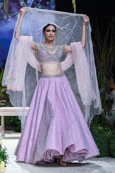 Lilac Tulle Net Scallop Emb. Blouse With Lilac Tulle Net Skirt Styled With Lilac Tulle Net Emb. Veil And Blush Tulle Net Scallop Drape ( Fa-54a/bls, Fa-54/skt, Fa-54b/veil, Fa-54d/drp)