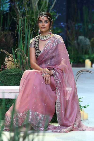 LILAC ORGANZA & VELVET EMBROIDERED SAREE SET (4 PCS)