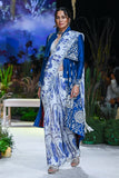 WHITE & BLUE PRINTED SAREE PAIRED WITH IVORY BLOUSE & ELECTRIC BLUE TRENCH COAT  (FA-26, FA-26A, FA-26B)