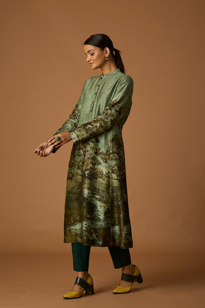 FOREST GREEN VISC. DUPION PRINTED TUNIC (BC-05)