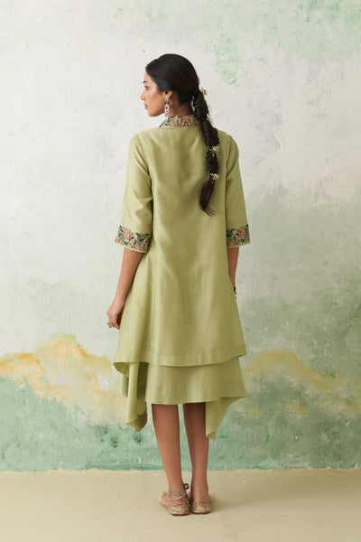 MINT GREEN CHANDERI KASHMIRI EMB. CAPE & DRESS SET (3 PCS)