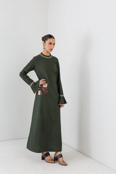 MOSS GREEN LONG EMBROIDERED MELANGE DRESS (1 PC)