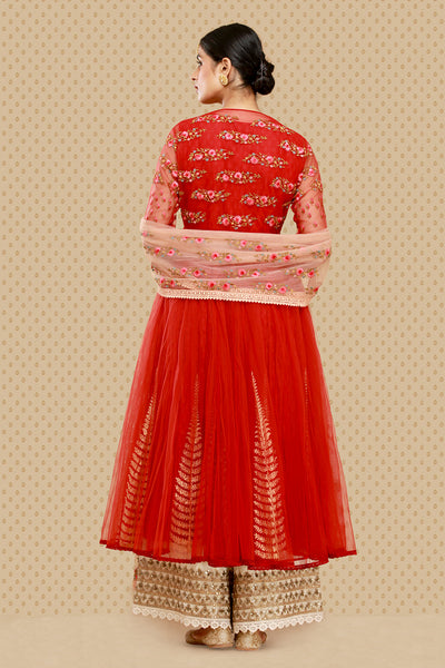 ATTRACTIVE RED EMBROIDERED ANARKALI, KURTI, IZHAAR & DUPATTA SET (BRM-37)