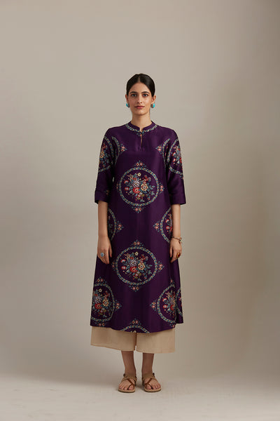 Eggplant silk chanderi bloomcycle printed tunic (SV-05/KUR)