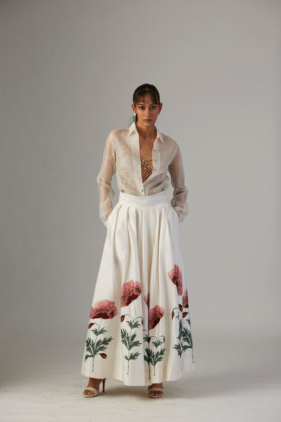 IVORY DUPION SILK SKIRT WITH SATIN SHIRT & FALSA JACKET ( 3 PCS)