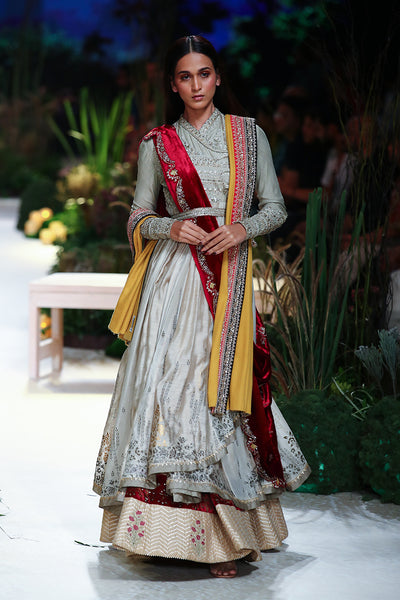 Grey Tussar Printed Angrakha  Set (  Mh-03/ang, Mh-03/skt, Mh-03/blt)