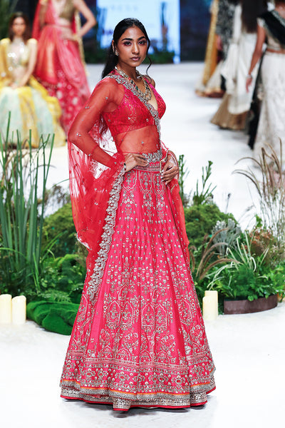 Red Brocade Blouse, Red Silk Dupion Emb. Lehenga With Crino & Red Net Emb. Veil ( Blouse-06, Fb-03/leh+can, Kz-15a/dup)