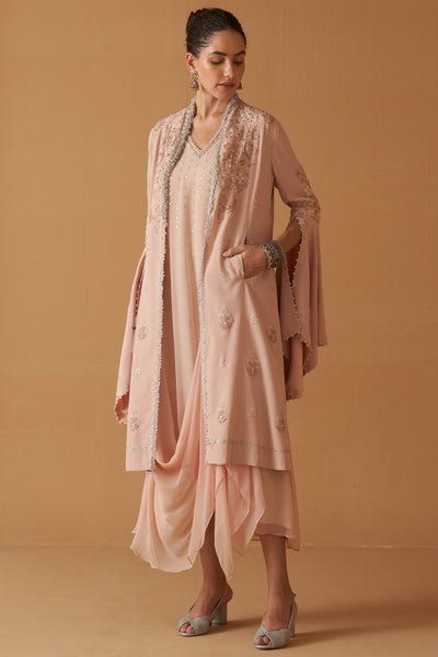 PEACH CREPE MOTI RESHAM  EMBROIDERED JACKET SET ( SE-03)