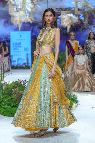 Yellow Viscose Dupion Scalloped Emb. Lehenga & Yellow Organza Emb. Dupatta (Sk-34b/dup Fa-56a/bls, Fa-56/leh)