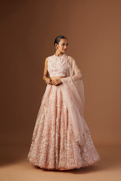 BLUSH TULLE NET 3D EMBROIDERY LEHENGA SET(4 PCS)