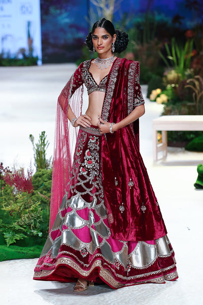 Ruby velvet emb. Blouse with phalsa dupion emb. Lehenga & falsa net dupatta  e-29/tl-122a/bls, tl-122b/dup, e-29/tl-122/leh)