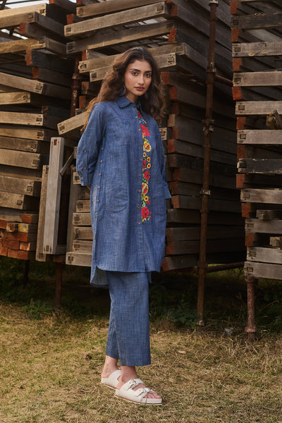 BLUE DENIM FLORAL HAND PAINTED SHIRT STYLE TUNIC WITH BLUE DENIM PANTS (CM-05/TNC, CM-05A/BTM)