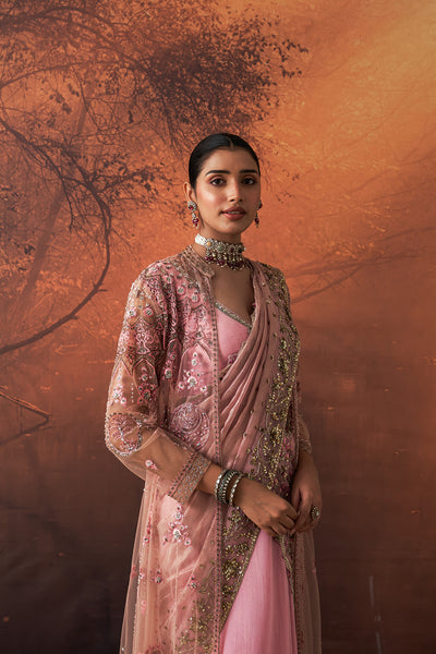 ONION PINK TUSSAR & ORGANZA EMB. TWO-PIECE SAREE SET(EVO-08) (3 PCS)