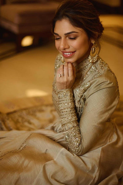 A TOOSH SILK DUPION EMBROIDERED  ANGARAKHA STYLED WITH TOOSH QUILTED AND EMBROIDERED CHANDERI SKIRT (MH-03)