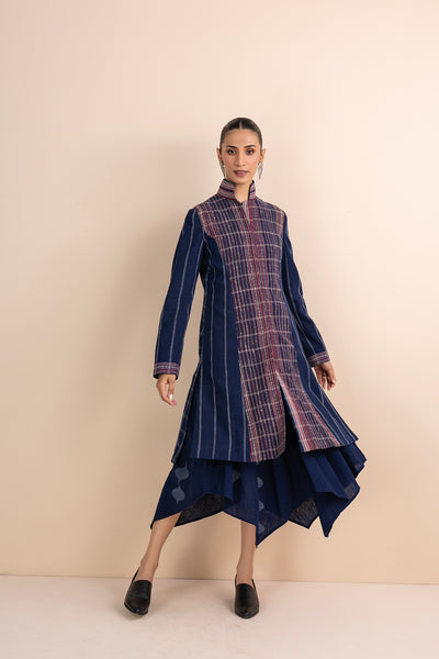 BLUE HANDWOVEN COTTON LONG JACKET (1 PC)