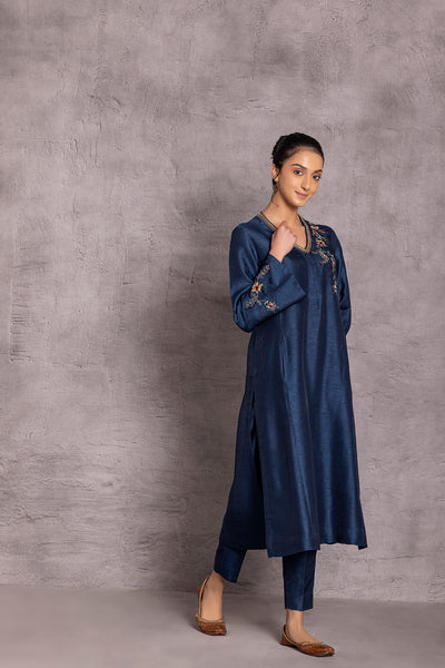 DARK BLUE VISCOSE DUPION PRINTED KURTA SET (DT-05)