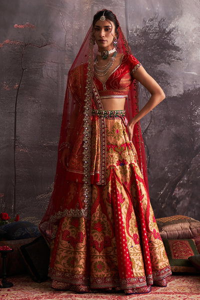 RED BANDHANI EMBROIDERED LEHENGA & DUPATTA  ( 2 PCS)