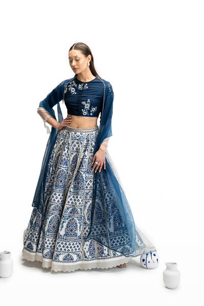 IVORY & BLUE EMBROIDERED LEHENGA SET