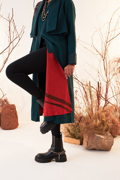 EMERALD GREEN MELANGE WOOL EMBROIDERED TRENCH COAT (WLN-01/JKT)
