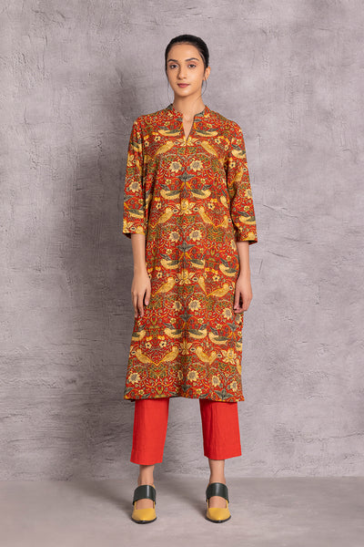 RED KHADI FOREST PRINTED TUNIC  (TNC-12)