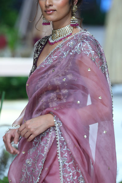 LILAC ORGANZA & VELVET EMBROIDERED SAREE SET (4 PCS)