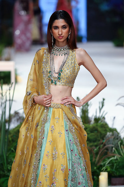 Yellow Viscose Dupion Scalloped Emb. Lehenga & Yellow Organza Emb. Dupatta (Sk-34b/dup Fa-56a/bls, Fa-56/leh)
