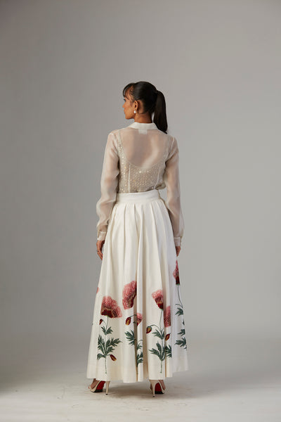 IVORY DUPION SILK POPPY FLORAL SKIRT WITH SHIRT & JACKET ( TL-25A)