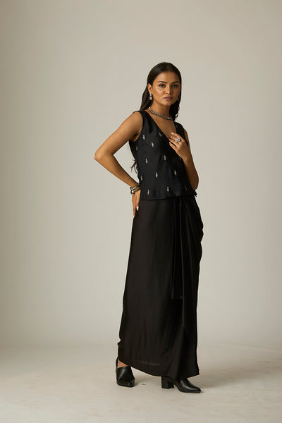 BLACK SATIN TOP COMES WITH BLACK DRAPED SKIRT ( TL-135/TOP, TL-135/SKT)