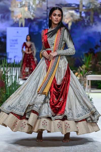 Grey Tussar Printed Angrakha  Set (  Mh-03/ang, Mh-03/skt, Mh-03/blt)