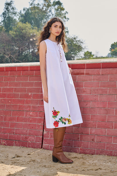 WHITE COTTON PINTUCK EMBROIDERED SLEEVELESS TUNIC (CM-01A/TNC)