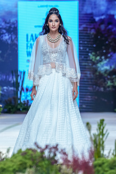 Ivory Emb. Blouse with Chikankari Lehenga and Tulle Net Cape (WD-01(BLOUSE), FA-27/LEH +CRN, FA-27C/CAPE)