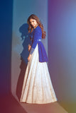 ELECTRIC BLUE CREPE EMB. PEPLUM WITH IVORY GEO. EMB. SKIRT (FA-21A/PEP . FA21/SKT + CRN)