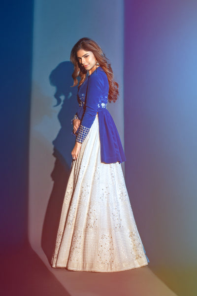 ELECTRIC BLUE CREPE EMB. PEPLUM WITH IVORY GEO. EMB. SKIRT (FA-21A/PEP . FA21/SKT + CRN)