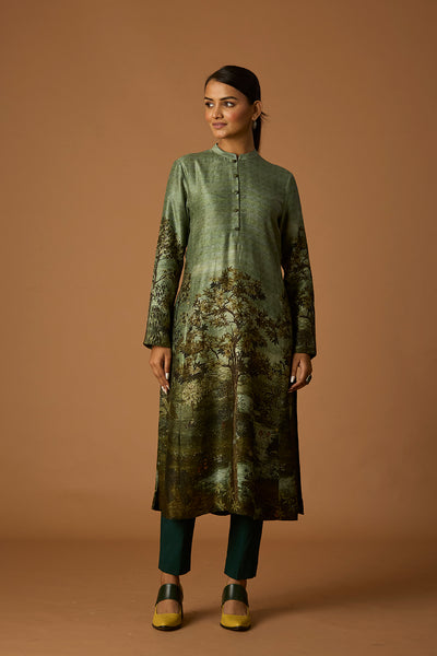 FOREST GREEN VISC. DUPION PRINTED TUNIC (BC-05)