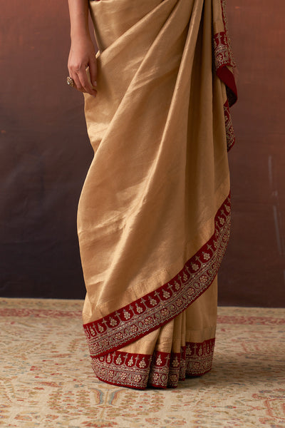 GOLD TISSUE SAREE WITH RED BORDER & UNSTITCHED BLOUSE(SRE-54) (2 PCS)