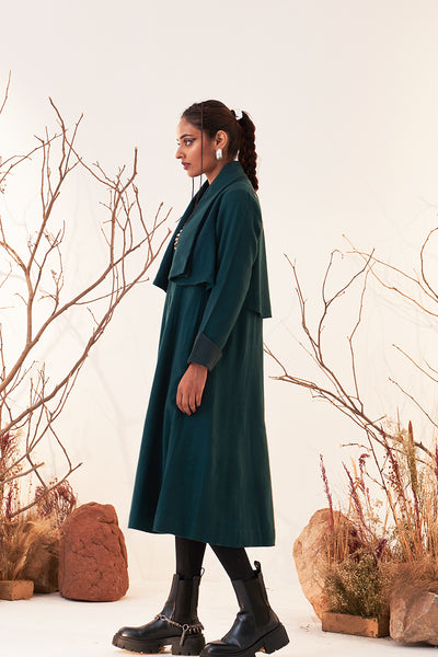 EMERALD GREEN MELANGE WOOL EMBROIDERED TRENCH COAT (WLN-01/JKT)