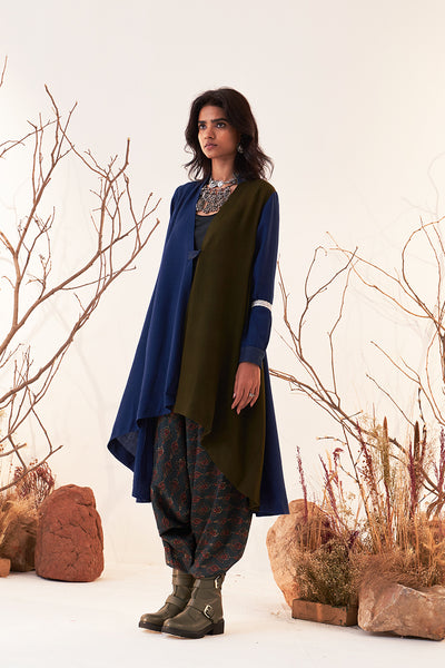 Blue & Mehendi Woolen High Low Wrap Jacket (WLN-04A/JKT)
