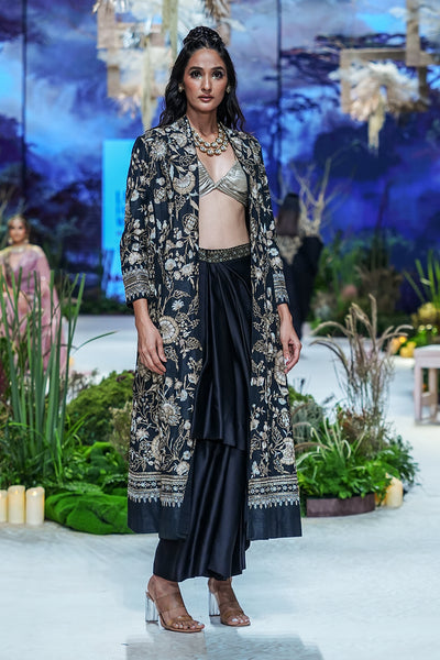 Silver Tissue Bikini Top With Black Cotton Skirt And Black Dupion Emb. Jacket ( Tl-12/top, Tl-135/skt, Tl-135/jkt)