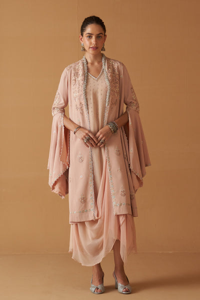 PEACH CREPE MOTI RESHAM  EMBROIDERED JACKET SET ( SE-03)