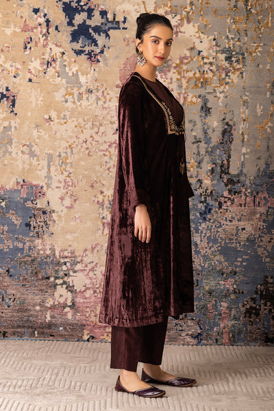 Brown Velvet Embroidered Tunic Set(Vt-03)