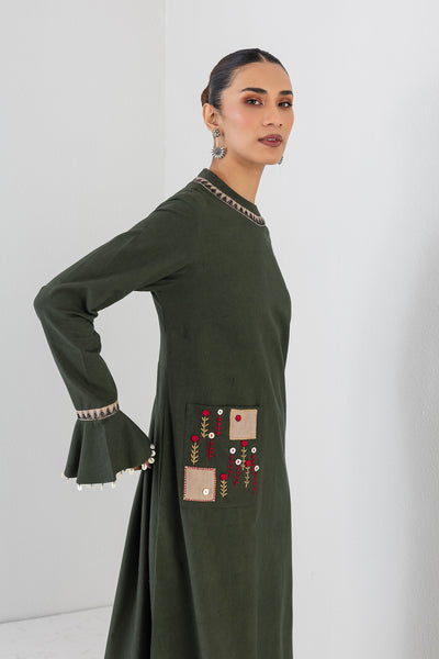 MOSS GREEN LONG EMBROIDERED MELANGE DRESS (1 PC)