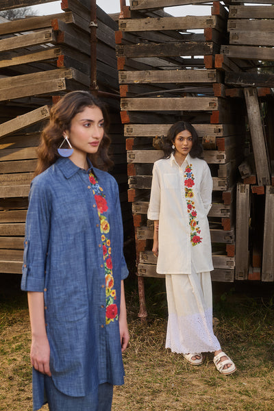 BLUE DENIM FLORAL HAND PAINTED SHIRT STYLE TUNIC WITH BLUE DENIM PANTS (CM-05/TNC, CM-05A/BTM)