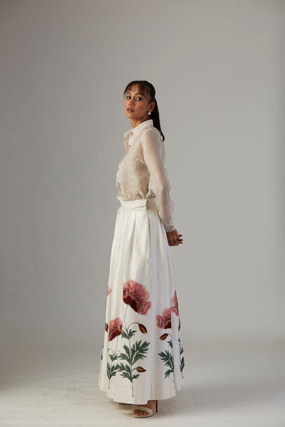 IVORY DUPION SILK POPPY FLORAL SKIRT WITH SHIRT & JACKET ( TL-25A)