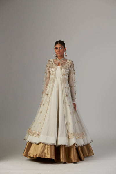 IVORY CHIFFON ANARKALI PAIRED WITH TULLE NET JACKET ( TL-89B)