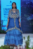 Cobalt Blue Tulle Net Emb. Cape With Powder Blue Geo. Tussar & Organza Tiered Skirt With Cobalt Blue Viscose Dupion Blouse (Fa-30/cape,fa-02a/skt, Fa-27e/bls)
