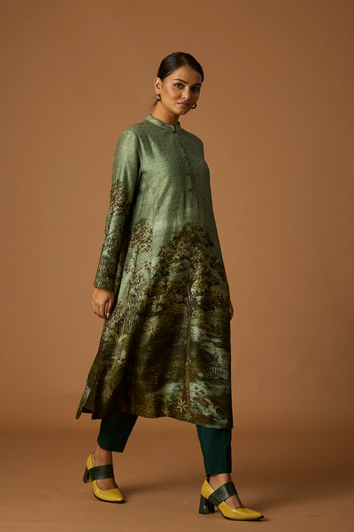 FOREST GREEN VISC. DUPION PRINTED TUNIC (BC-05)